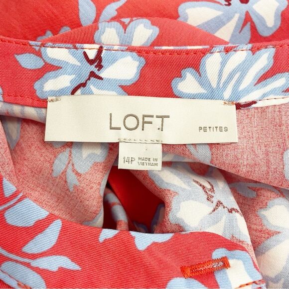 LOFT Floral Flare Retro Shirt Dress Coral Red Blue White Size 14P | 14 Petite - Picture 11 of 14
